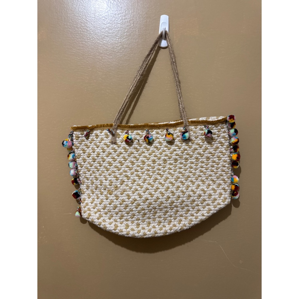 Argup International Tote Women OS Cream Multi Fair Pom Pom Woven Boho Bag